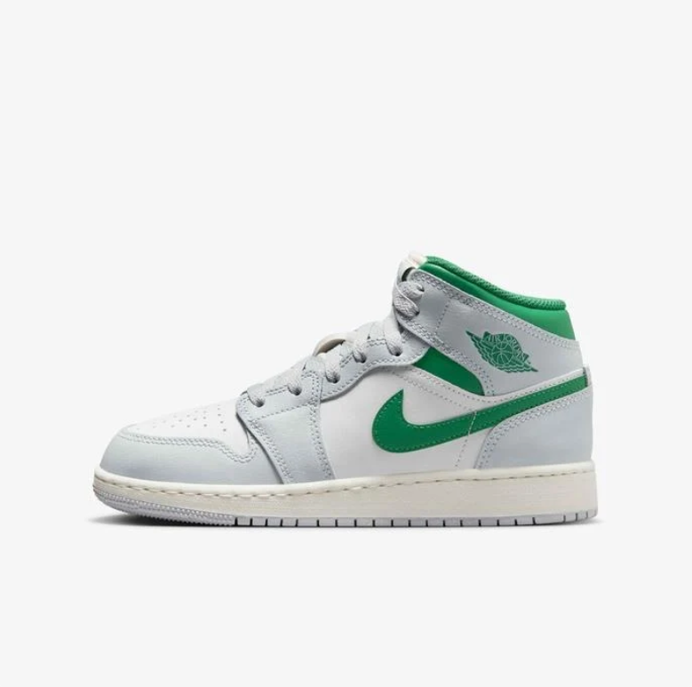 Air Jordan Mid-Top Sneakers - White & Light Gray with Green Accents