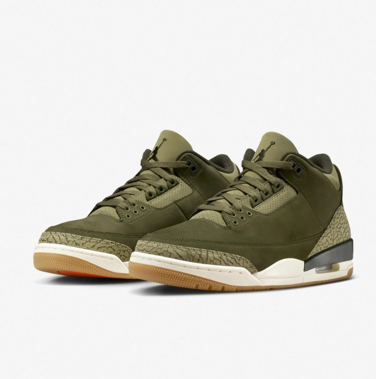 Air Jordan Sneakers - Olive Green with Elephant-Print Details & Gum Outsole