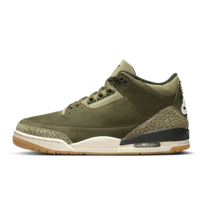 Air Jordan Sneakers - Olive Green with Elephant-Print Details & Gum Outsole