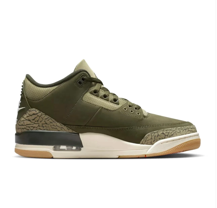 Air Jordan Sneakers - Olive Green with Elephant-Print Details & Gum Outsole