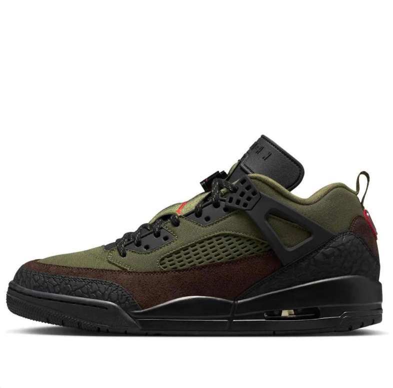 Air Jordan Sneakers - Olive Green, Brown & Black with Red Accents