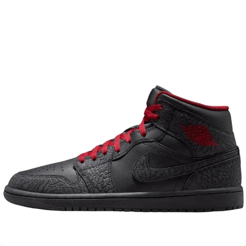 Air Jordan Mid-Top Sneakers - Black & Red with Elephant-Print Details