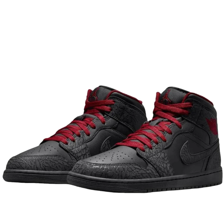 Air Jordan Mid-Top Sneakers - Black & Red with Elephant-Print Details